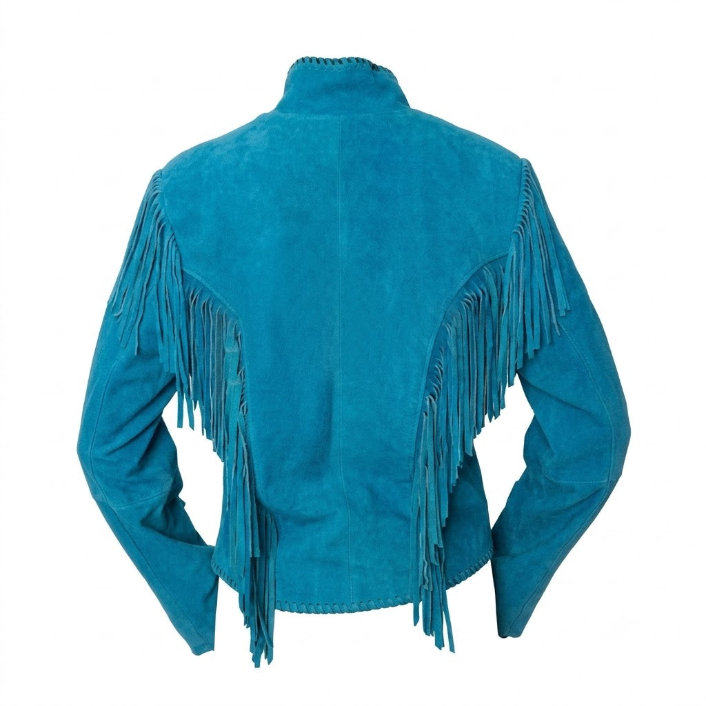 Blue suede jacket with fringe details on a white background