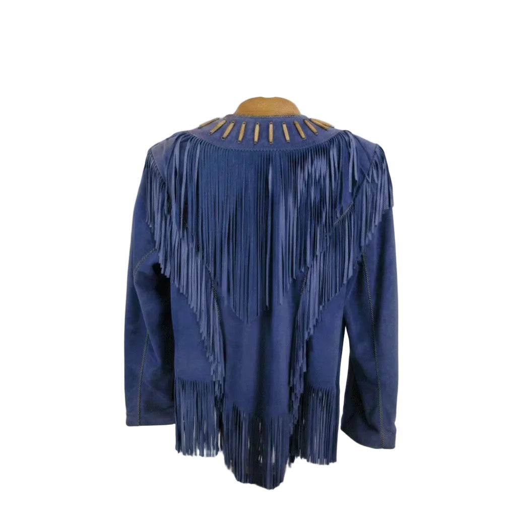 Blue fringed jacket on a mannequin against a white background