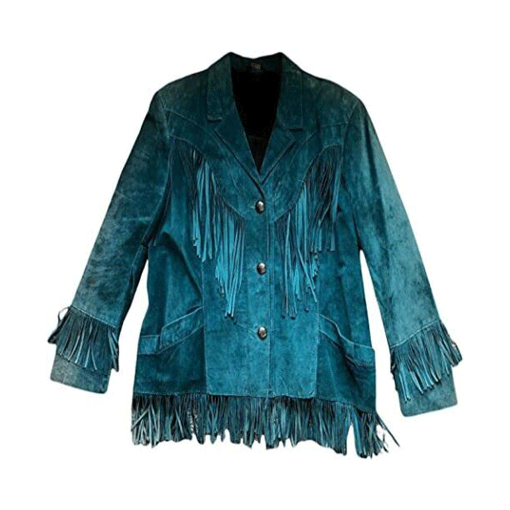 Western Fringe Blue Leather Jacket for Women – Authentic Cowgirl Style WBK913