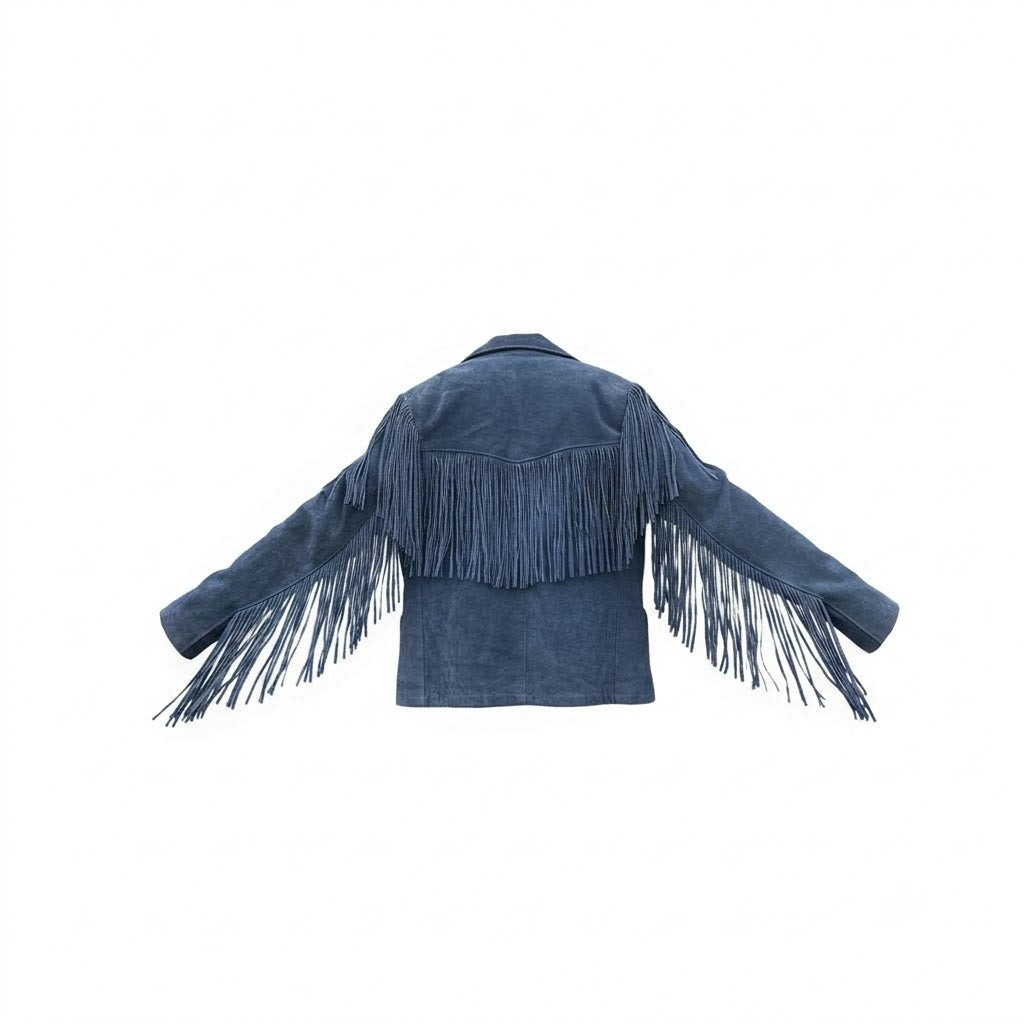 Blue jacket with fringe details on a white background