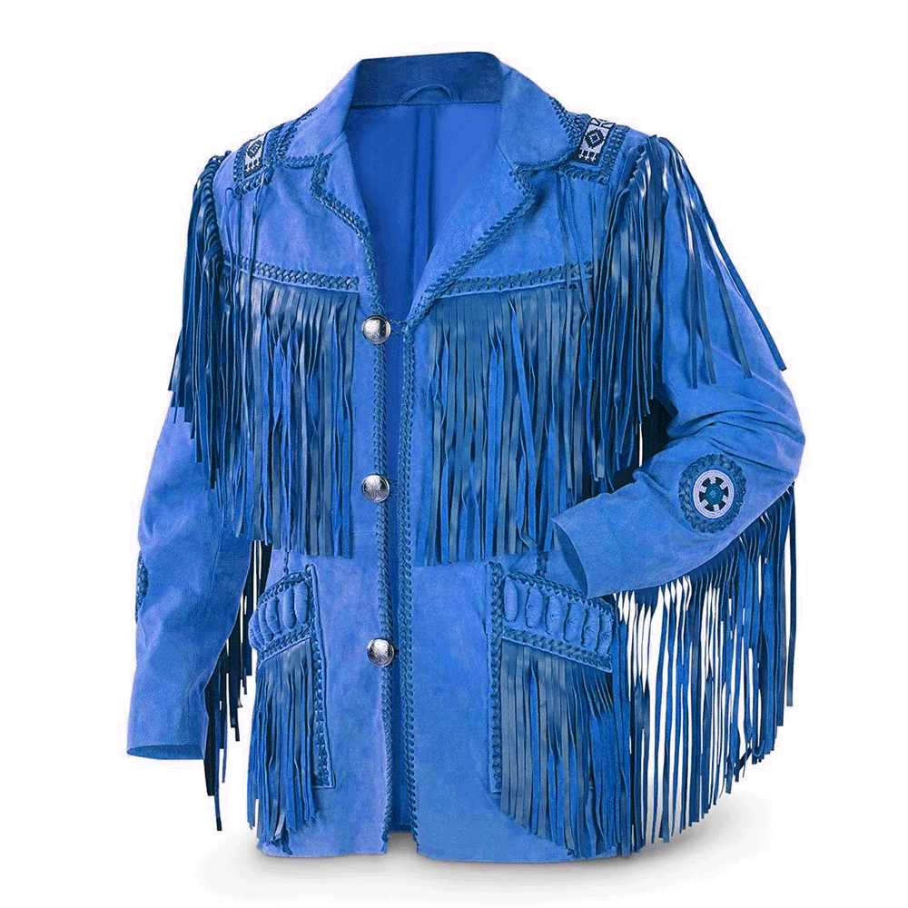 Western Blue Suede Leather Fringe Beaded Leather Jacket Cowboy Jacket LWJ702