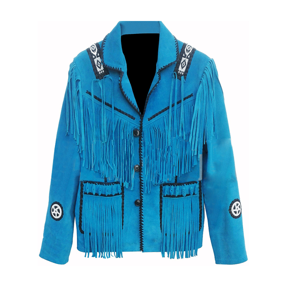 Western Blue Suede Leather Fringe Beaded Jacket Cowboy JacketLWJ708