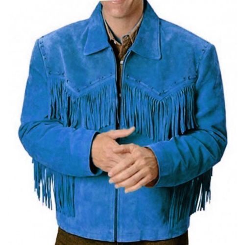Blue suede jacket with fringes on a white background