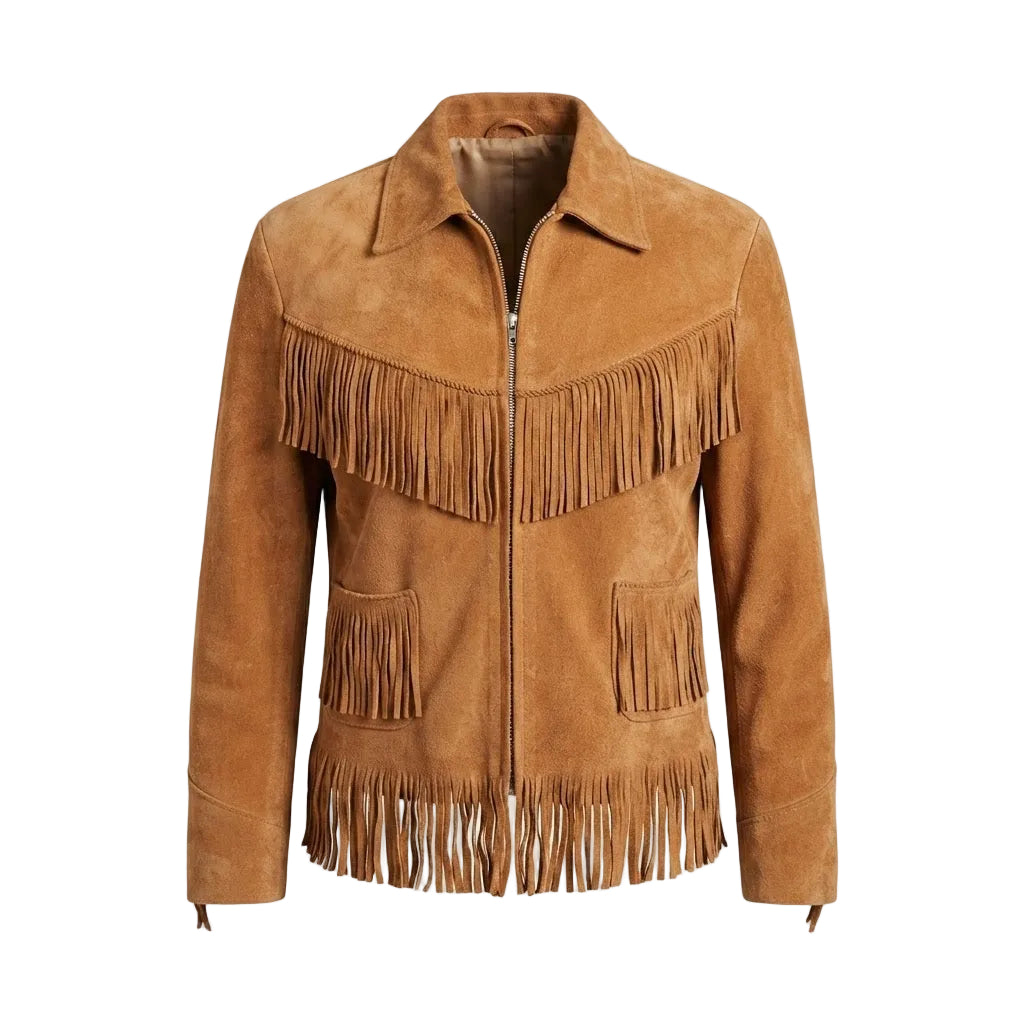 A brown suede fringe jacket with a front zipper, pointed collar, and two front patch pockets, shown on a plain white background.