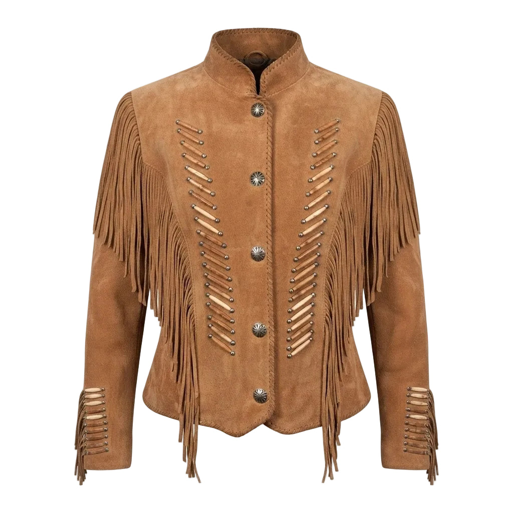 A brown suede fringe jacket with decorative metal studs and silver-toned buttons, shown against a plain white background.