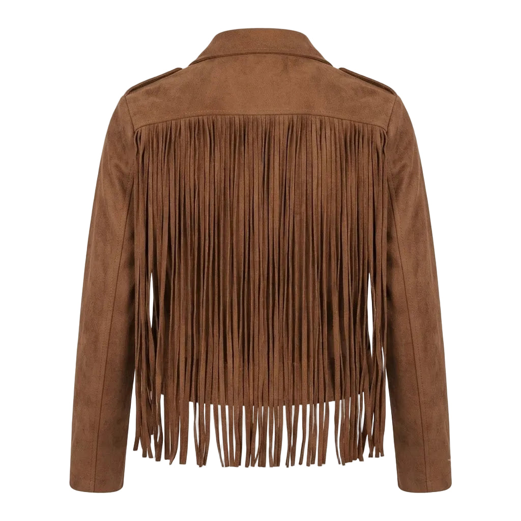 A brown suede fringe jacket shown from the back, featuring long vertical fringe across the back panel set against a plain white background.
