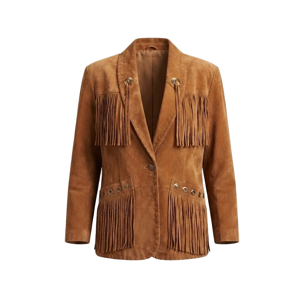 A brown suede fringe jacket with a notched lapel, single front button, and decorative metal snap details on the pockets, shown against a plain white background.