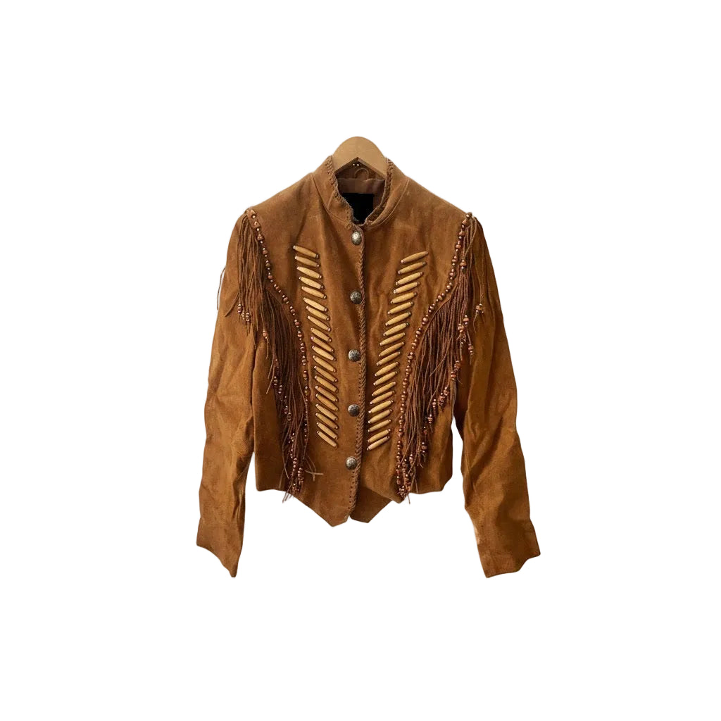 Brown leather jacket with fringe and decorative patterns on a white background