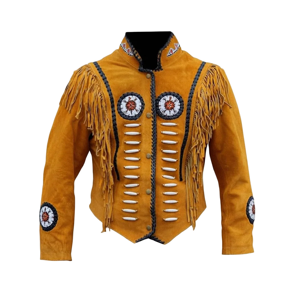 A brown suede fringe jacket with intricate bead work, decorative circular patches, and braided trim details, shown against a plain white background.