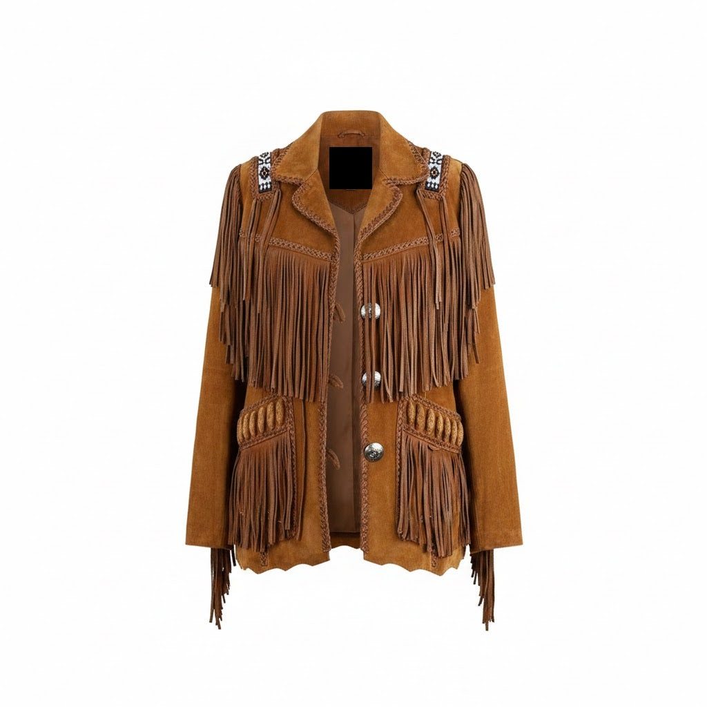 Brown suede fringe jacket on a white background