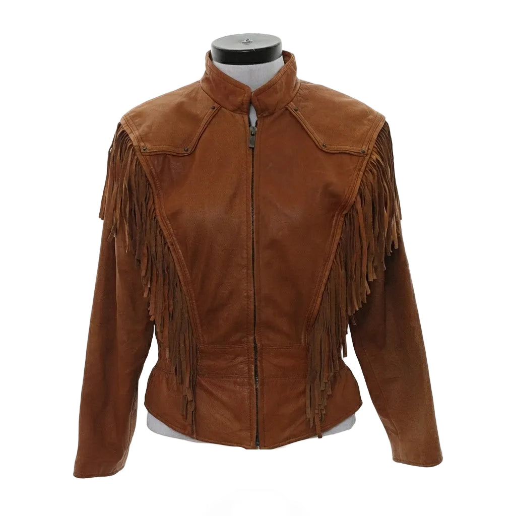 A brown leather fringe jacket displayed on a mannequin against a plain white background.