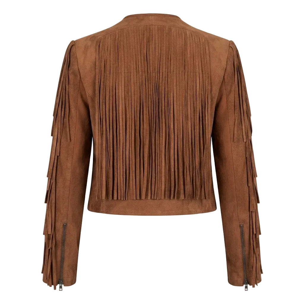A brown suede fringe jacket shown from the back, featuring long fringe a dense fringe pattern across the back panel, with zippered cuffs.