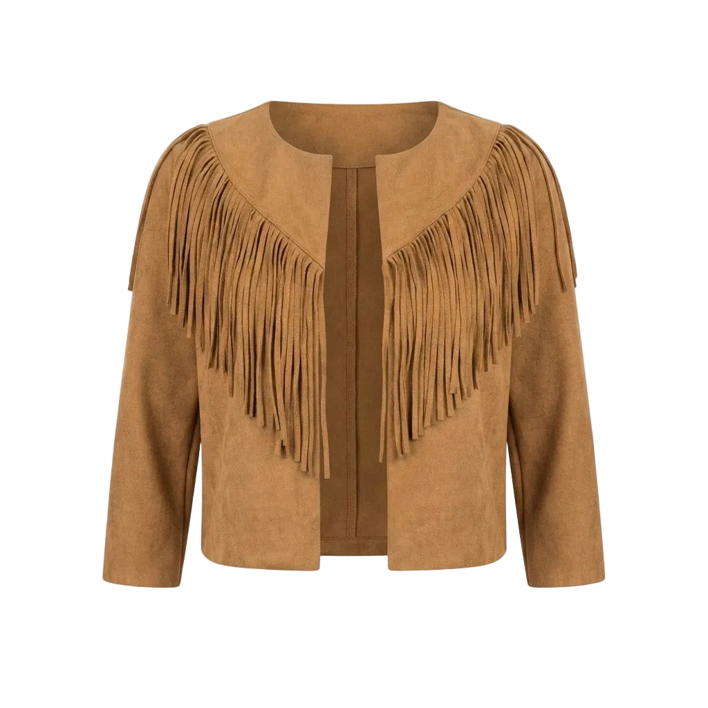 A cropped Brown suede jacket with long fringe detailing across the shoulders and neckline, displayed on a clean white background.
