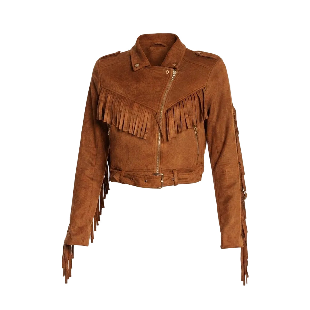 A cropped brown suede fringe jacket with a front zipper, belted waist, and fringe detailing on the sleeves and chest, shown against a plain white background.