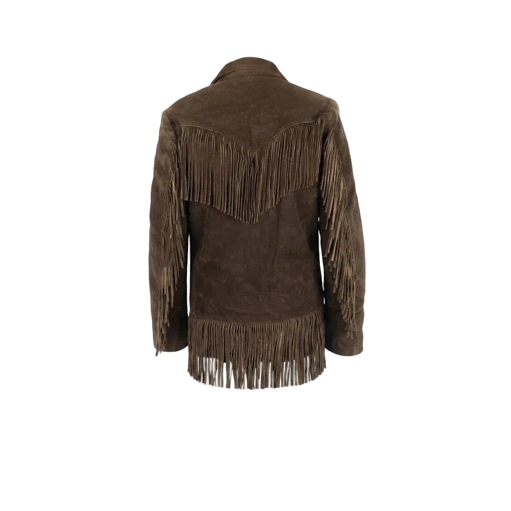 A brown suede fringe jacket shown from the back, against a plain white background.