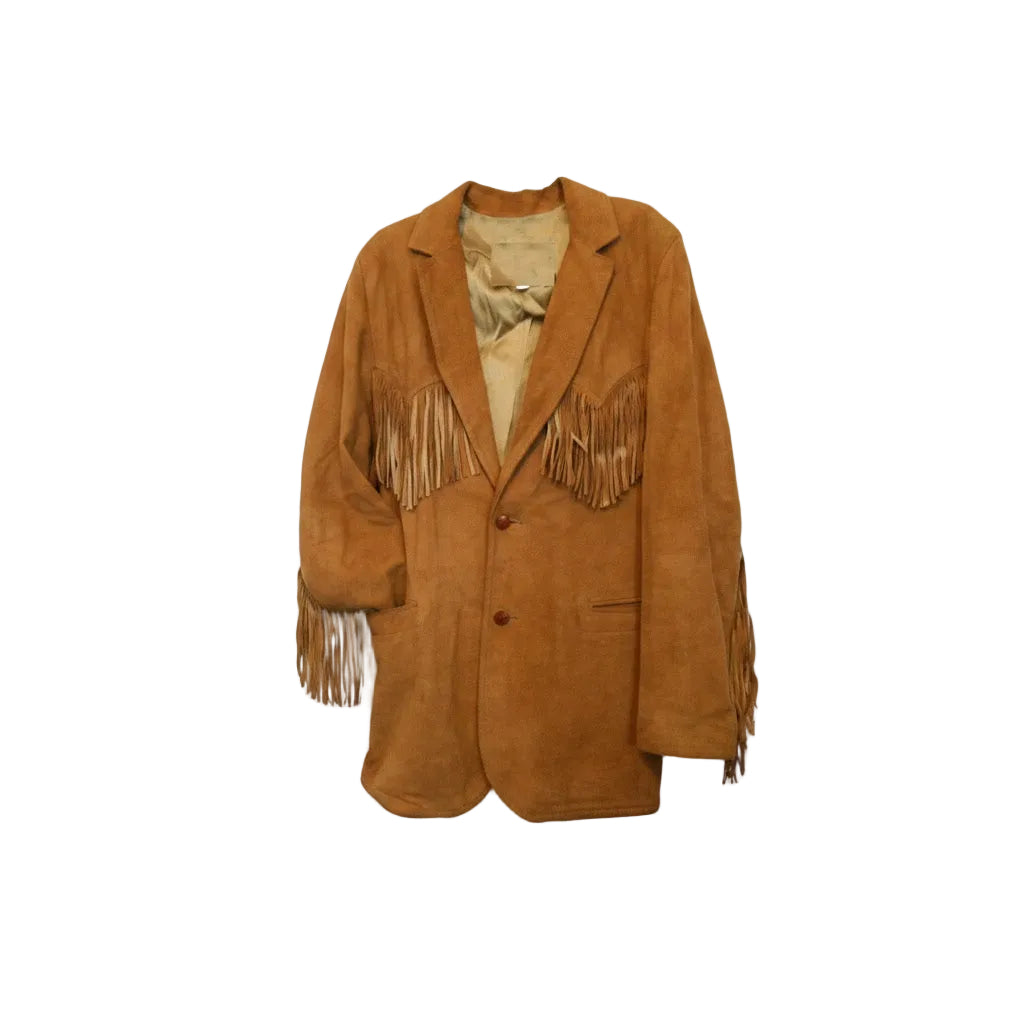 Brown suede jacket with fringes on a white background