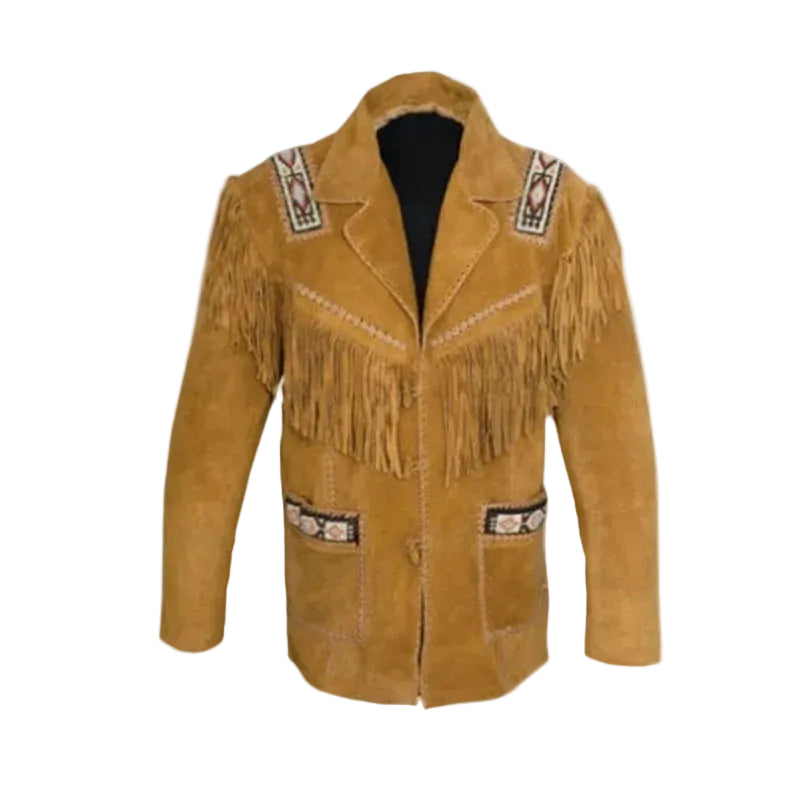 Brown leather jacket with fringes and embroidery on a white background