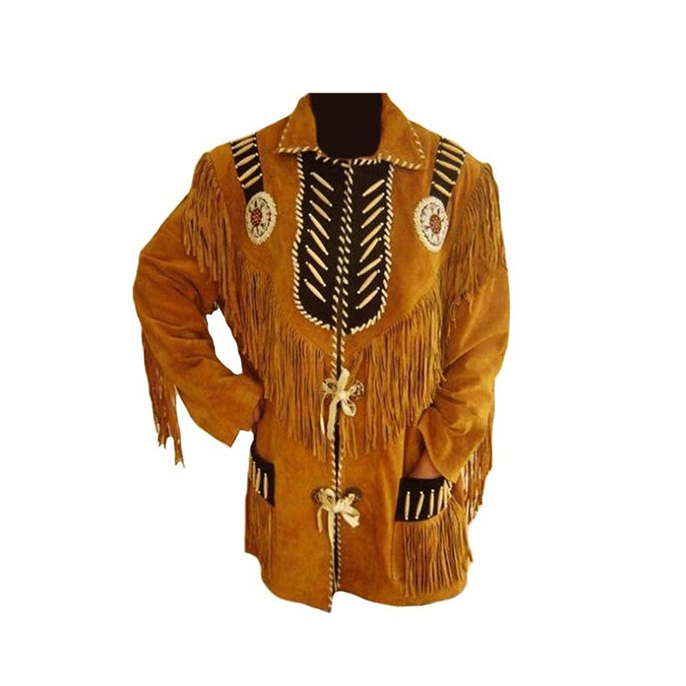 Brown Suede Leather Fringe Beaded Jacket for Men