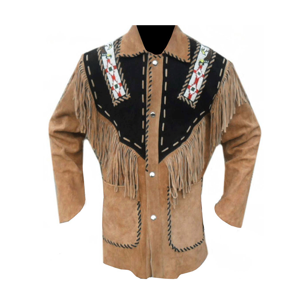 Western Brown Suede Leather Fringe Beaded Jacket Cowboy Jacket LWJ1280