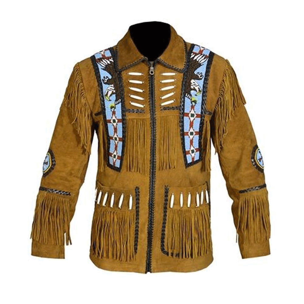 Western Brown Suede Leather Fringe Eagle Beaded Jacket LWJ1240