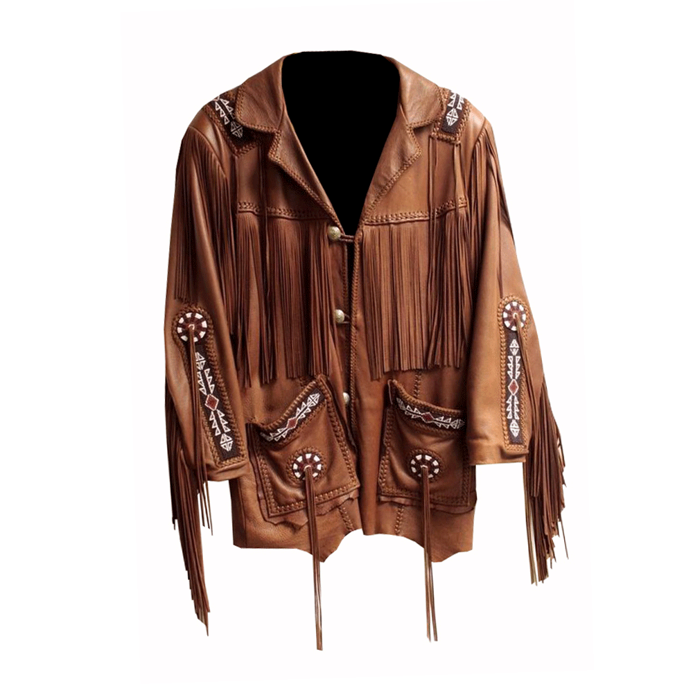 Western Brown Leather Fringe Beaded Jacket Cowboy Jacket LWJ1010
