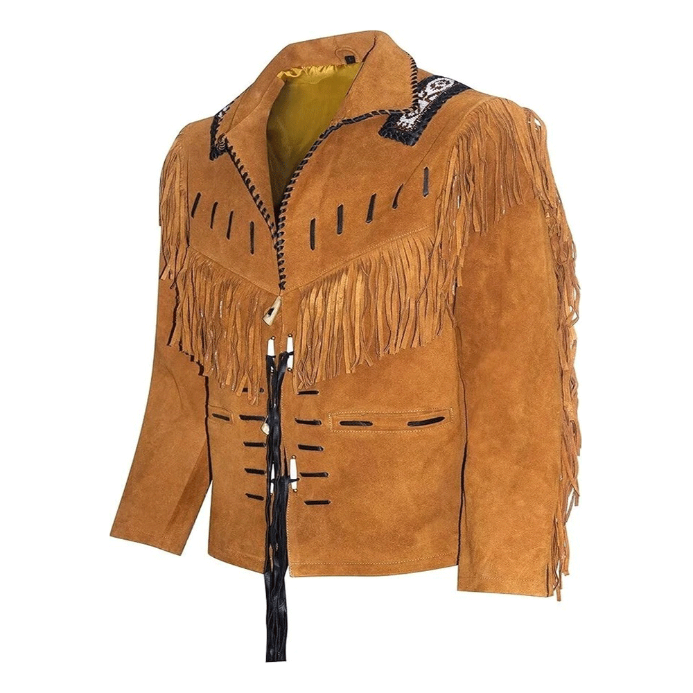 Western Brown Suede Leather Fringe Beaded Jacket Cowboy Jacket LWJ2100
