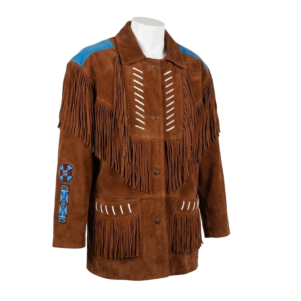 A brown suede fringed jacket with blue shoulder panels and white decorative stitching, displayed on a white mannequin torso against a white background.