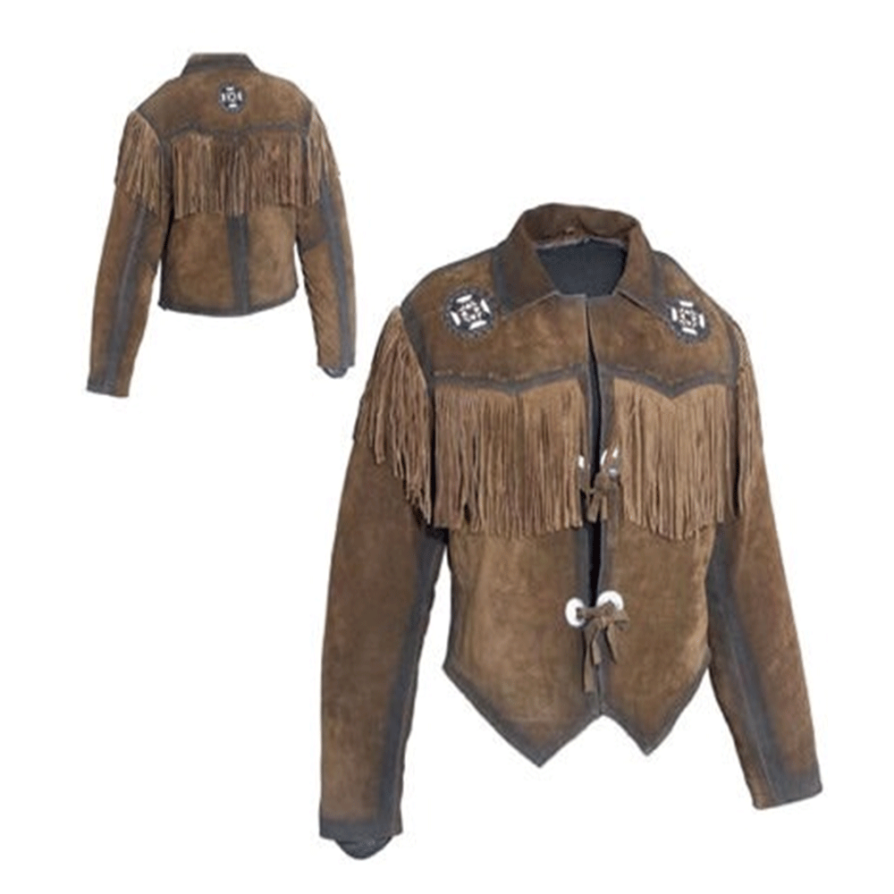 Brown Suede Leather Fringe Beaded Jacket for Men