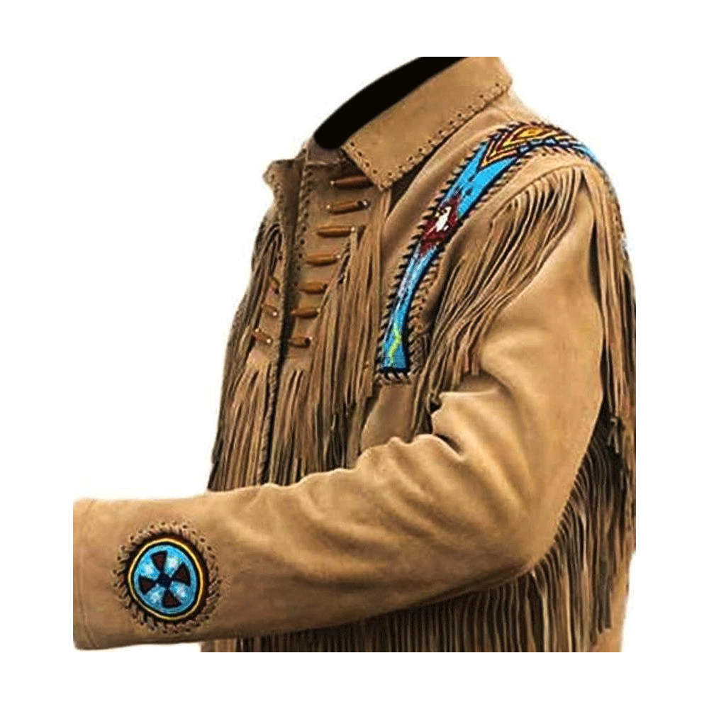 Western Brown Suede Leather Fringe Beaded Jacket Cowboy Jacket LWJ1590