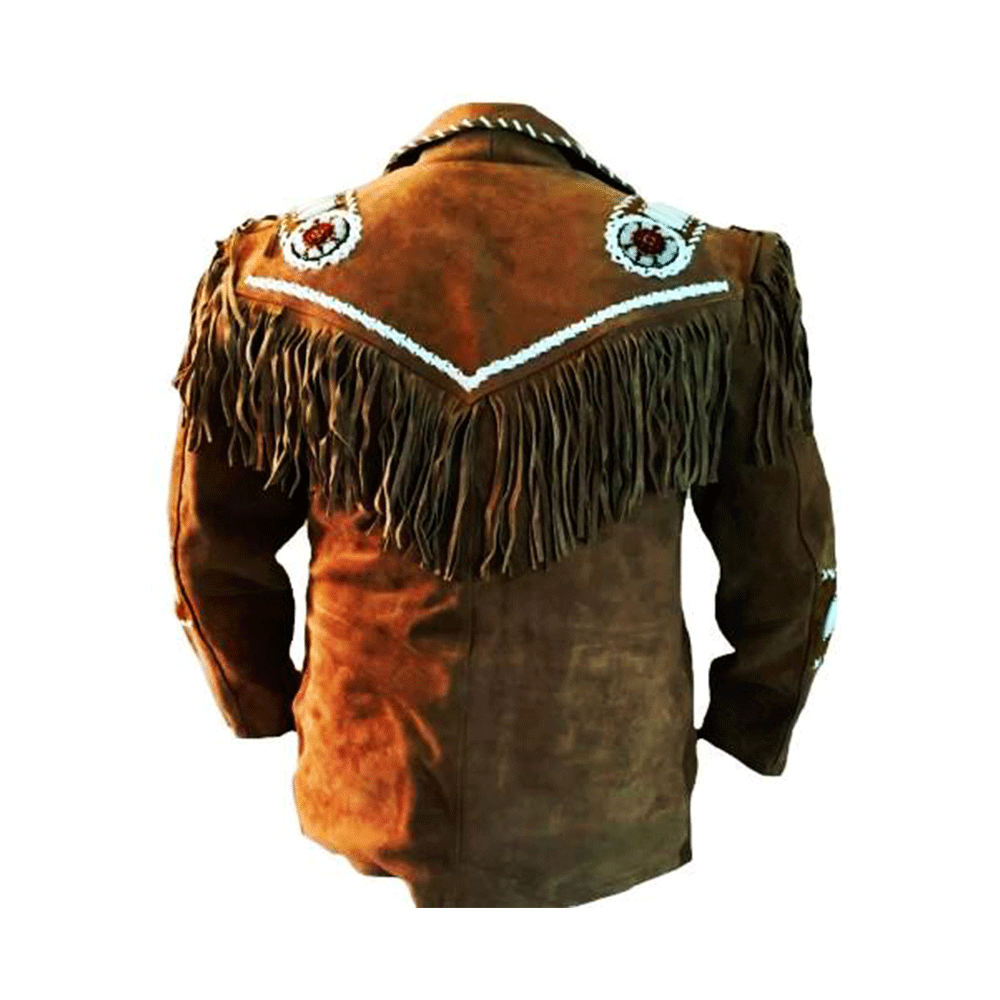 Western Brown Suede Leather Fringe Beaded Jacket Cowboy Jacket LWJ1930