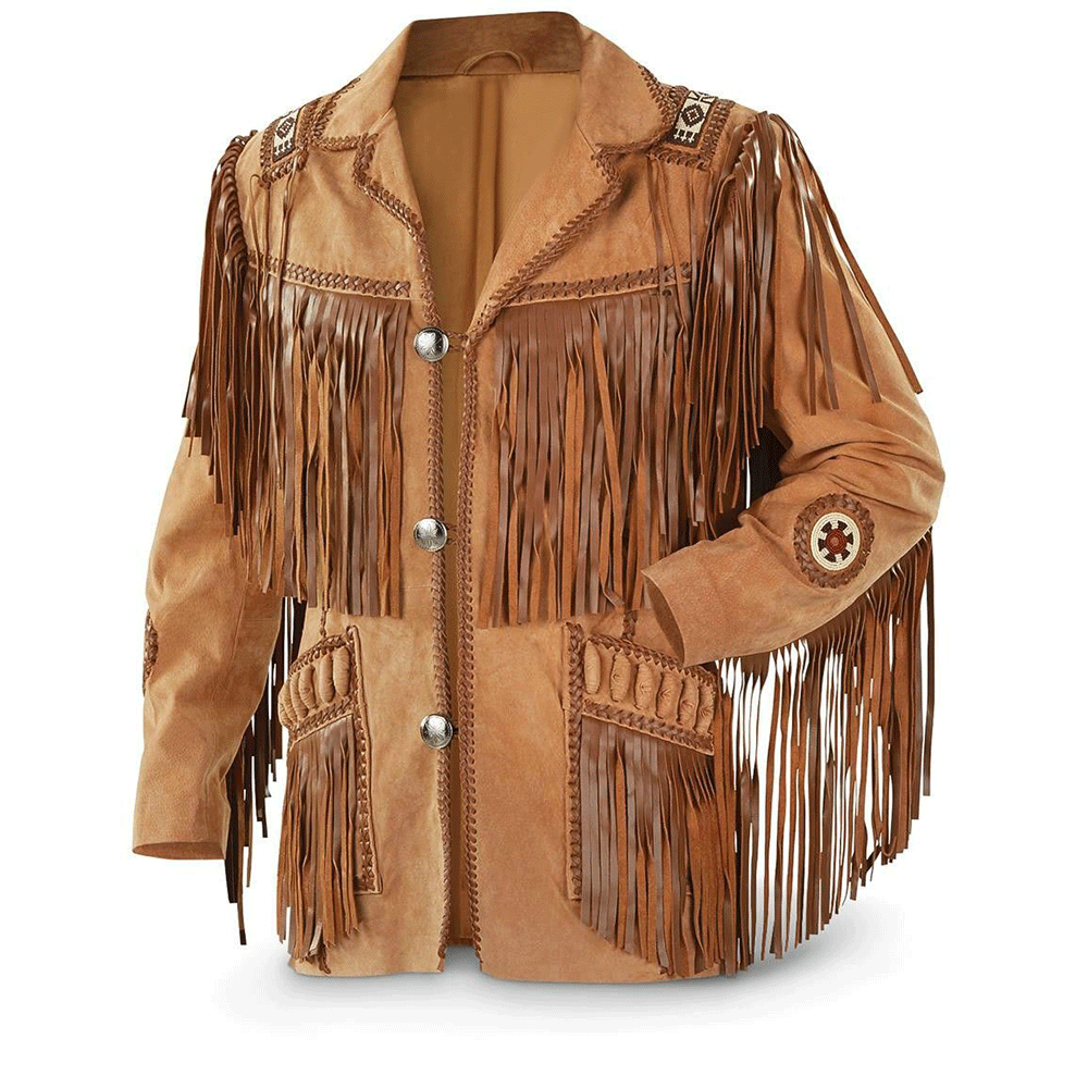 Brown Suede Leather Fringe Beaded Jacket for Men