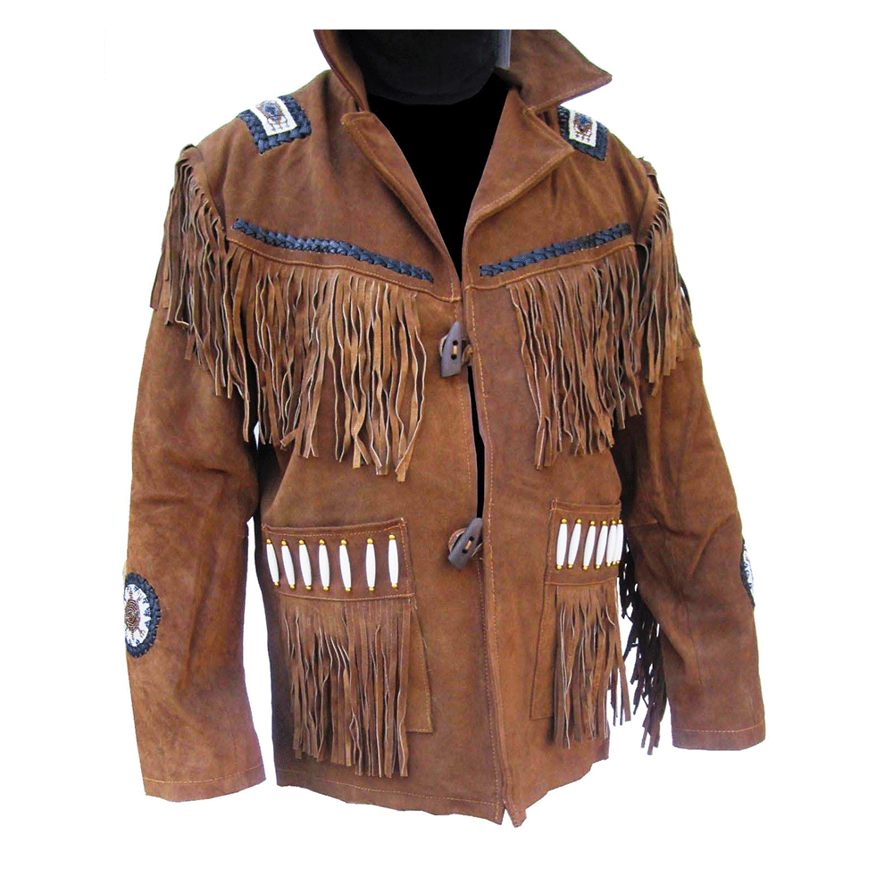 Brown Suede Leather Fringe Beaded Jacket for Men