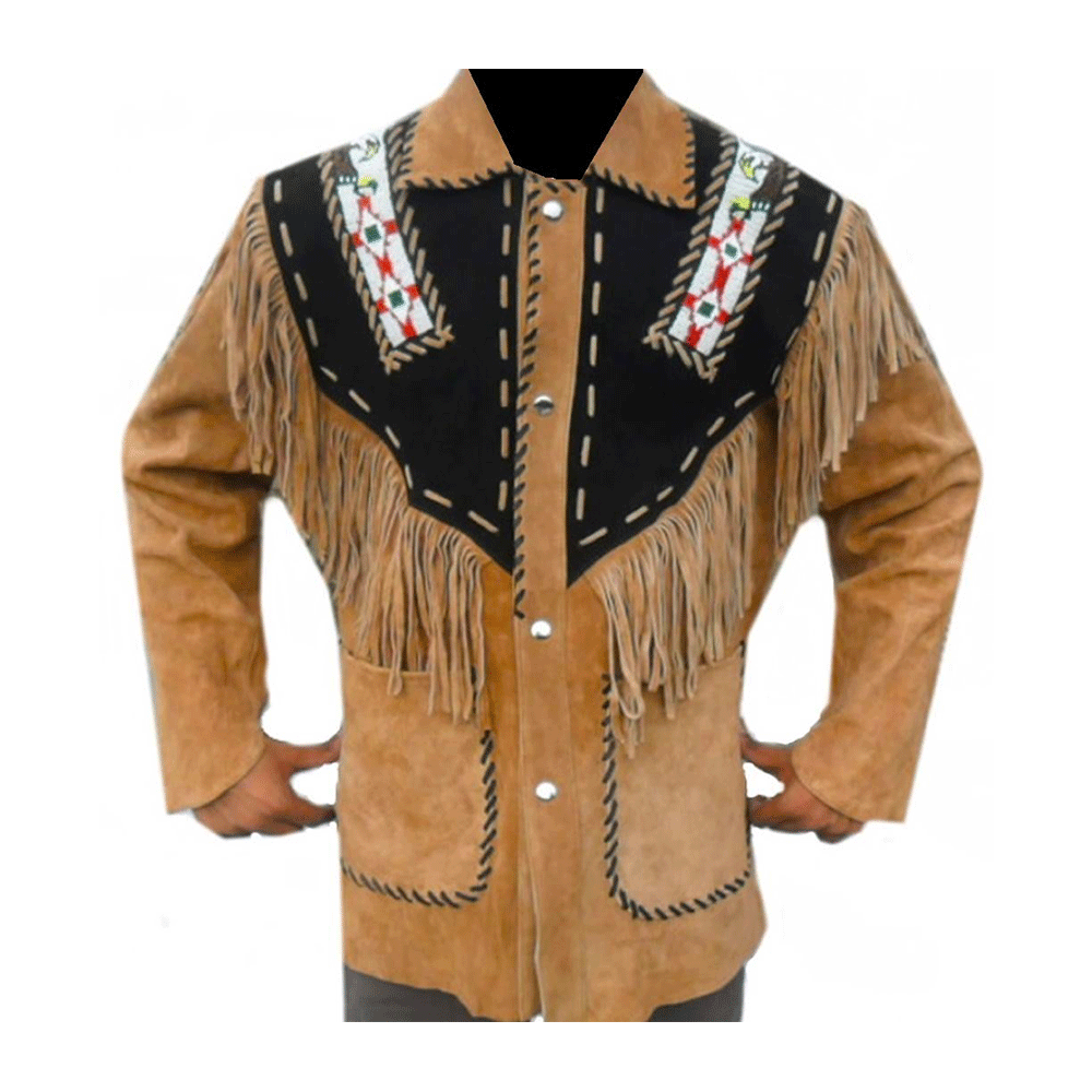 Western Brown Suede Leather Fringe Beaded Jacket Cowboy Jacket LWJ1890