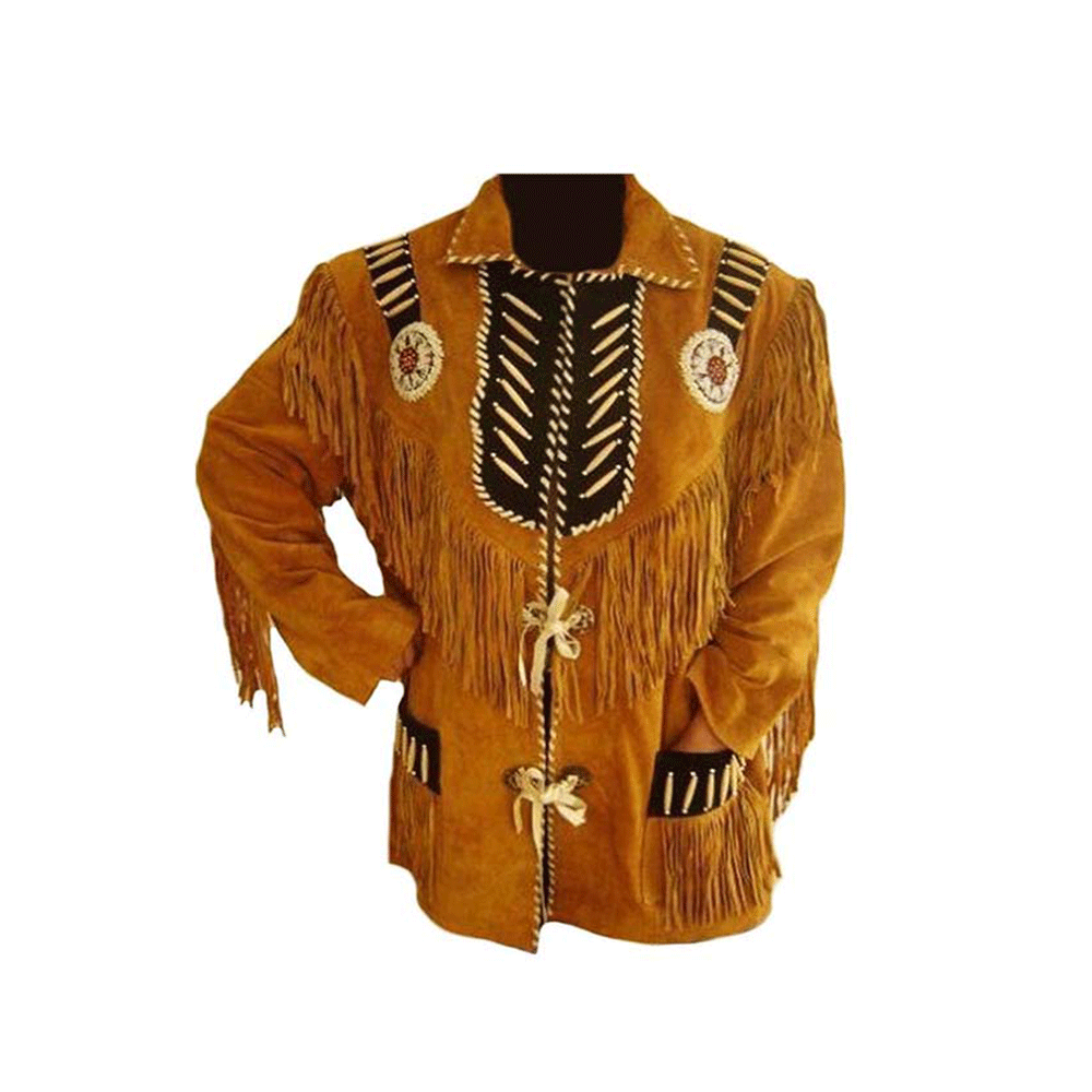 Western Brown Suede Leather Fringe Beaded Jacket Cowboy Jacket LWJ1880