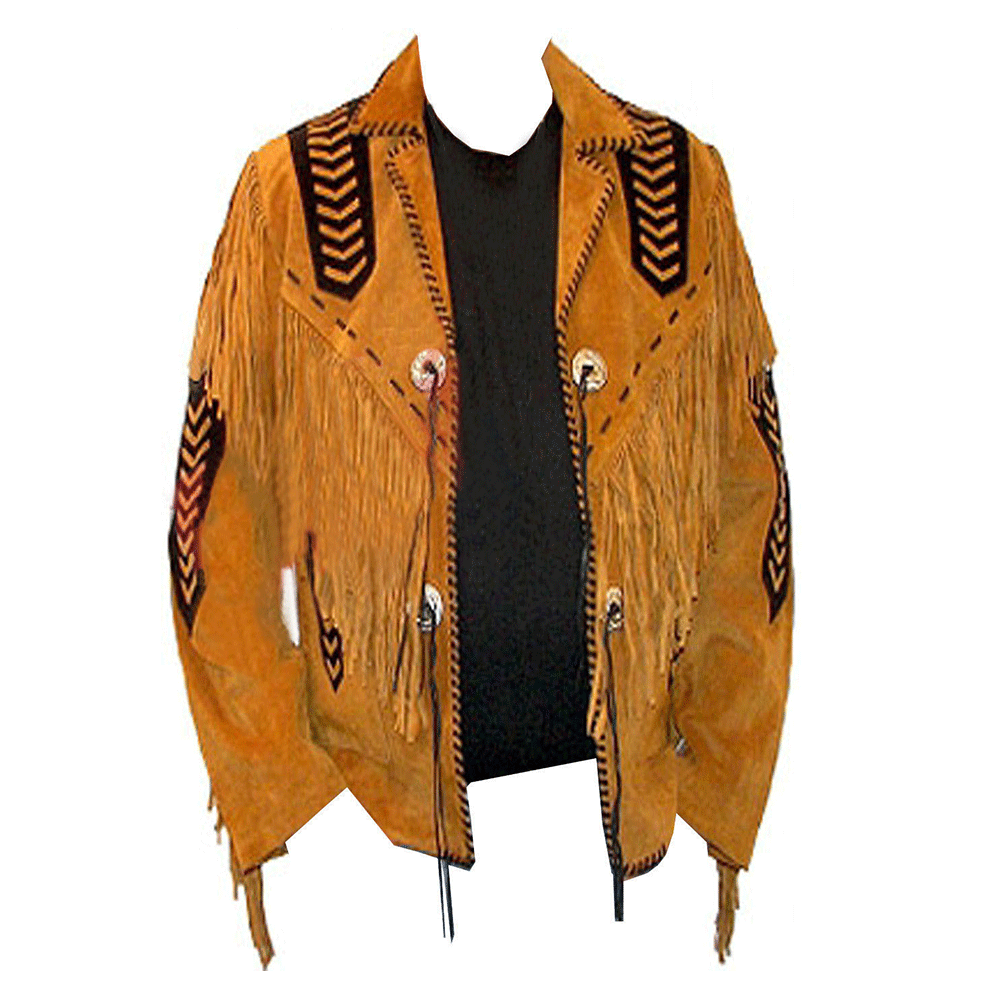 Brown Suede Leather Fringe Beaded Jacket for Men