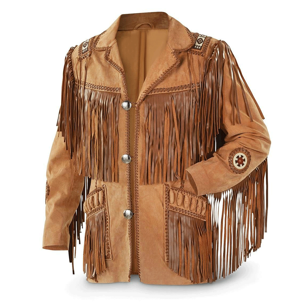 Western Brown Suede Leather Fringe Beaded Jacket LWJ1400