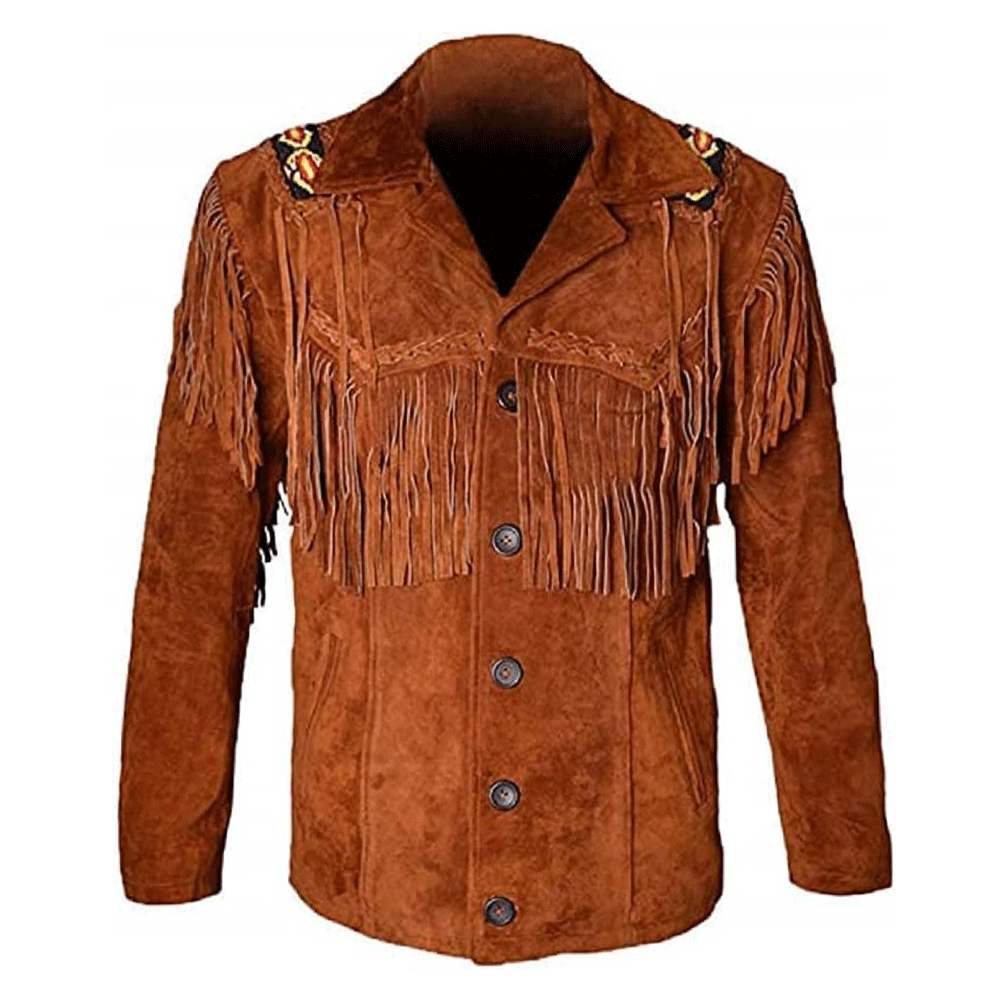 Western Brown Suede Leather Fringe Beaded Jacket Cowboy Jacket LWJ1460