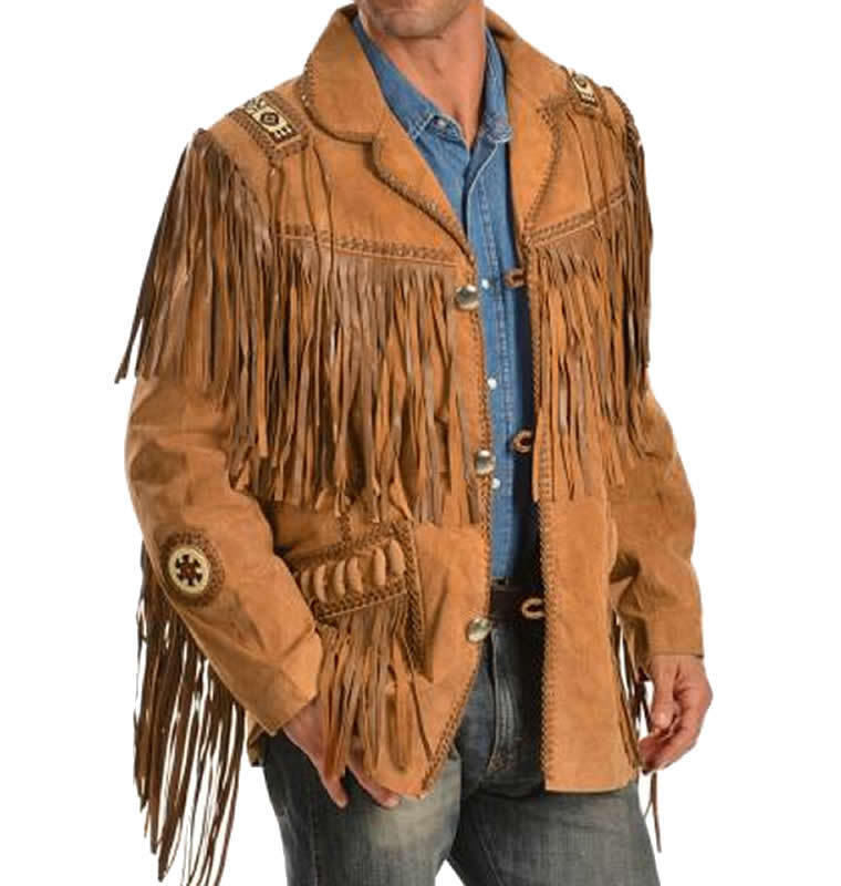 Western Brown Suede Leather Fringe Beaded Jacket Cowboy Jacket LWJ1910