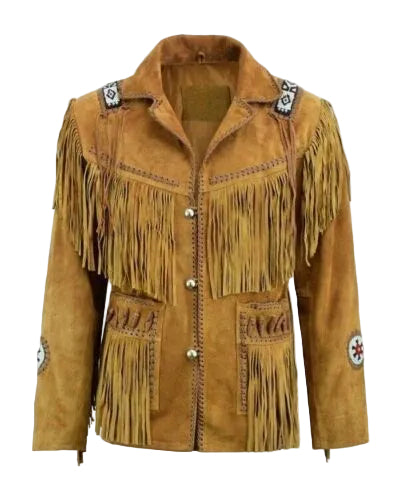 Brown suede jacket with fringes and decorative elements on a white background