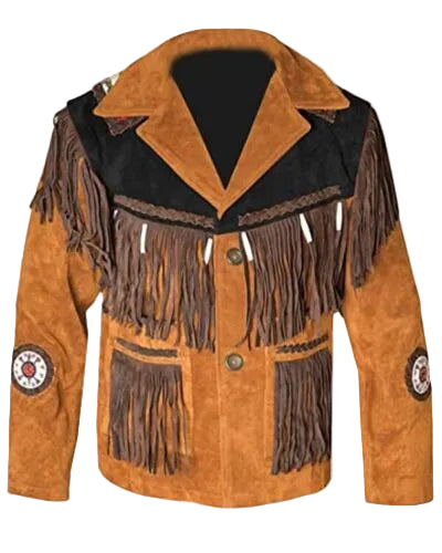Brown leather jacket with fringes and patches on a white background