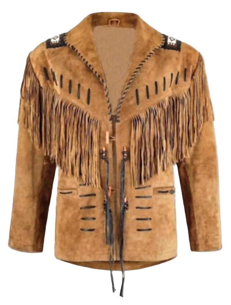 Brown suede jacket with fringes and decorative elements on a white background