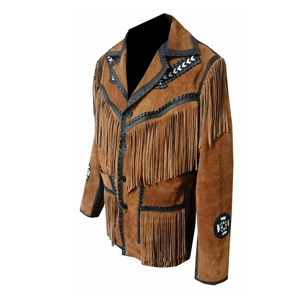 Western Brown Suede Leather Fringe Arrow Beaded Jacket Cowboy Jacket LWJ2020