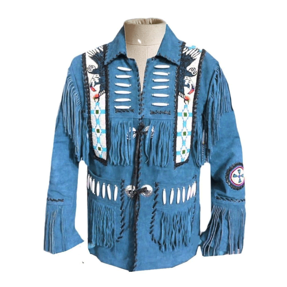 Western Blue Suede Leather Fringe Eagle Beaded Jacket Cowboy Jacket LWJ706