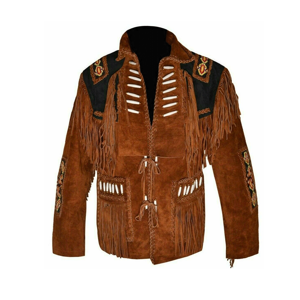 Western Brown Suede Leather Fringe Beaded Jacket Cowboy Jacket LWJ1990