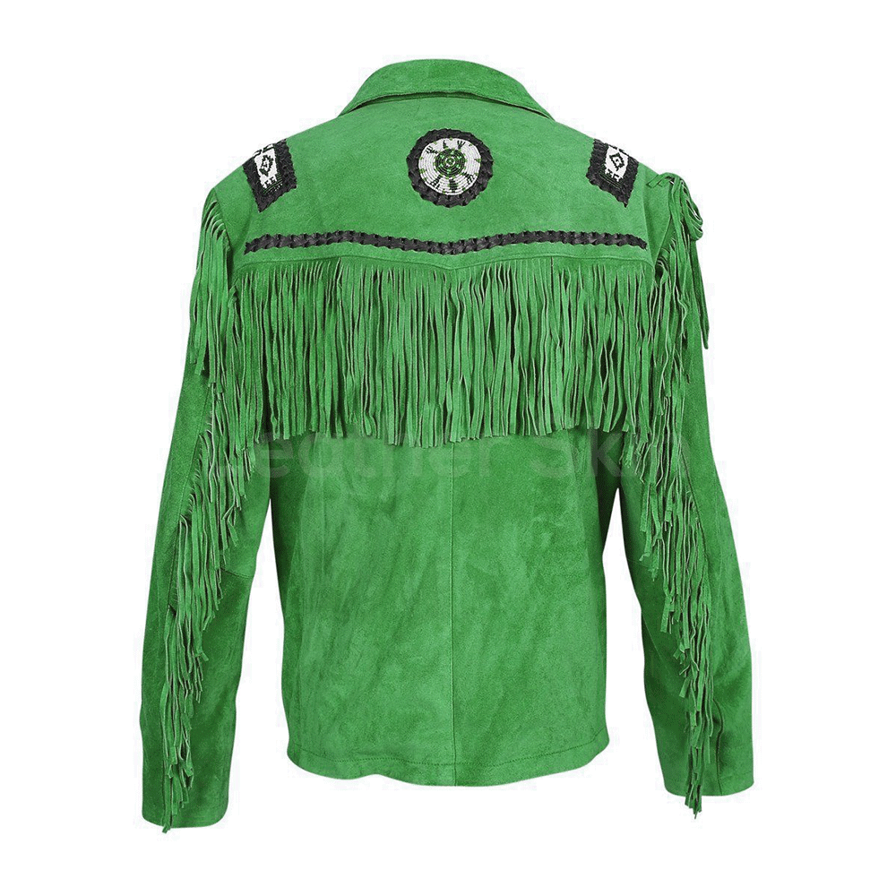 Western Green Suede Leather Fringe Beaded Jacket Cowboy Jacket LWJ7520