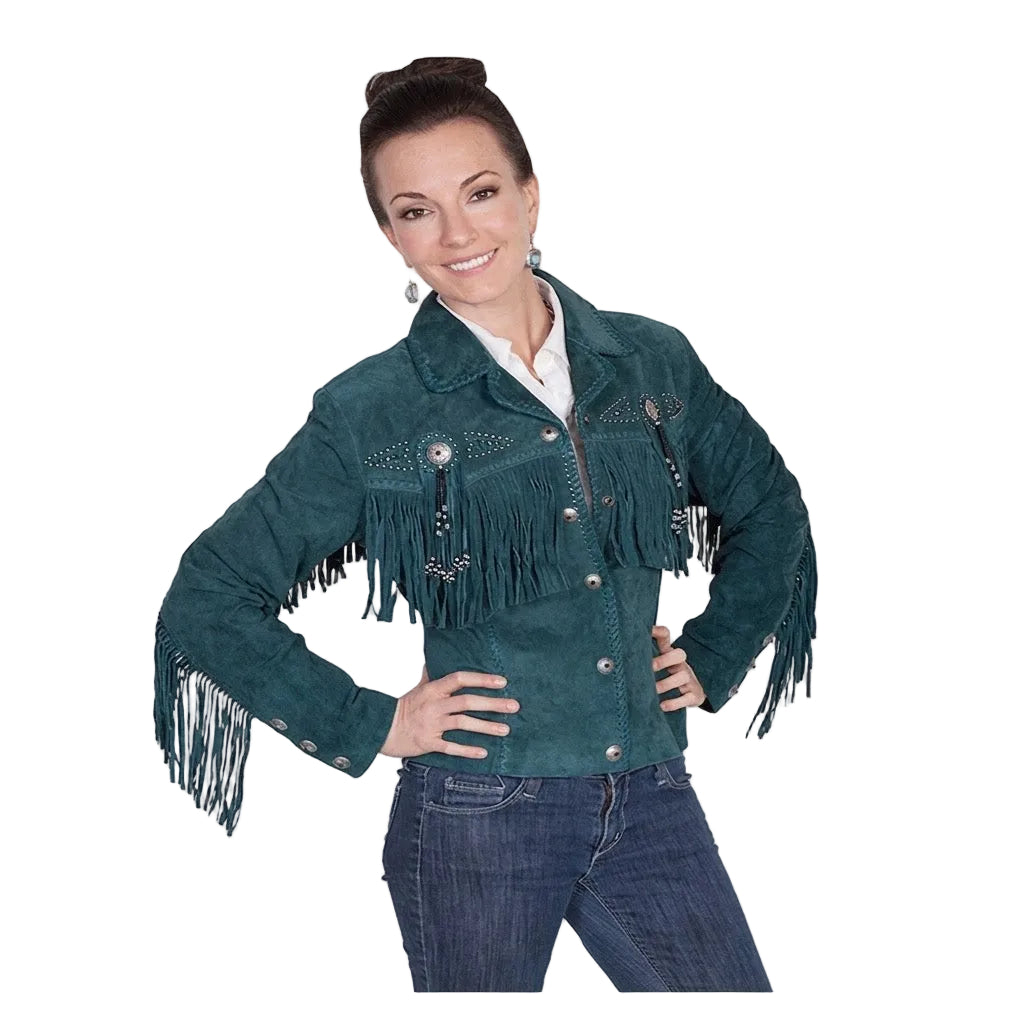 Woman wearing a teal fringed jacket on a white background