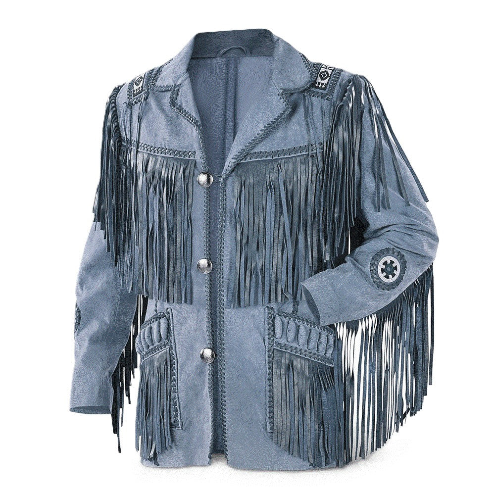 Western Gray Suede Leather Fringes Beaded Jacket Cowboy Jacket LWJ8010