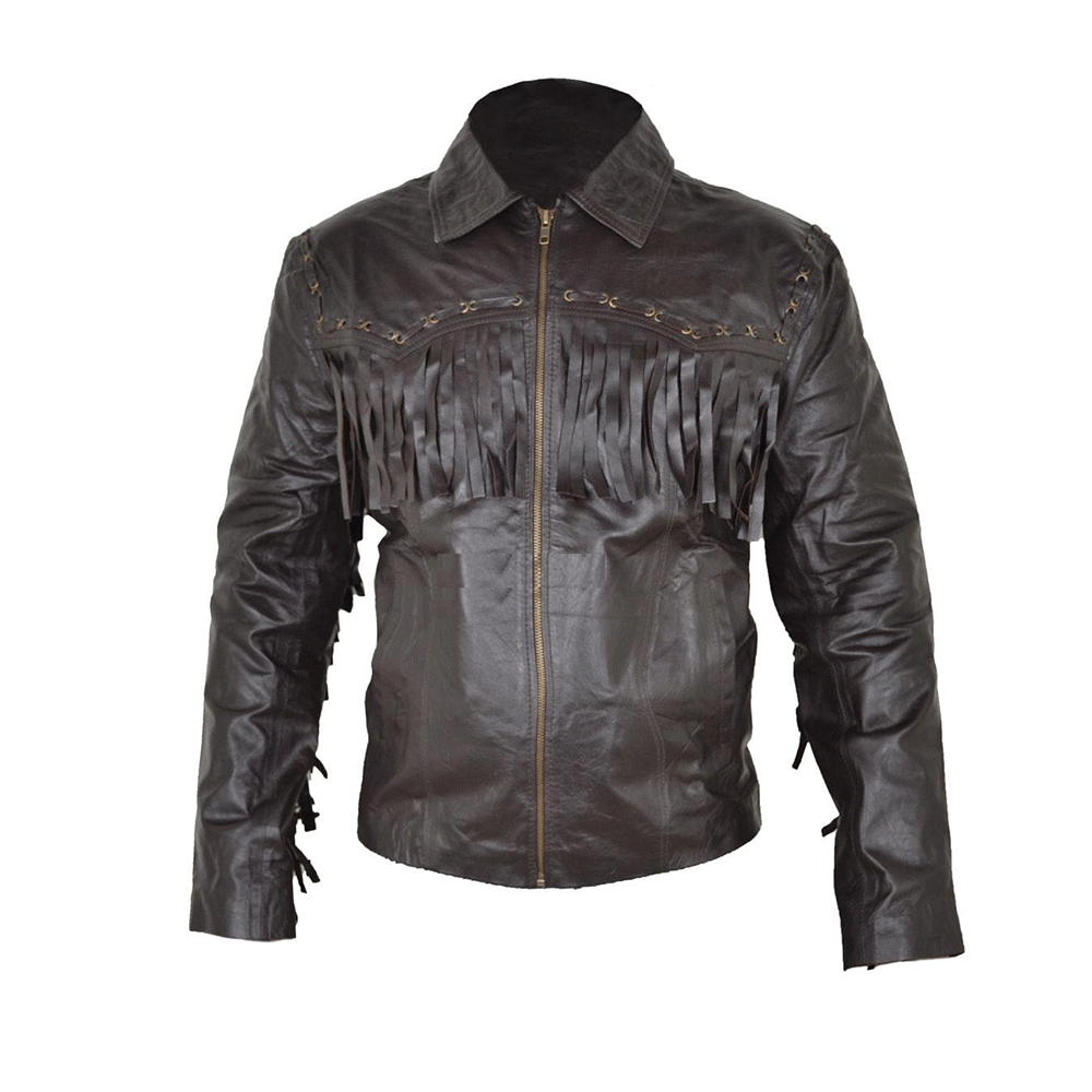 Western Black Fringe Biker Leather Jacket Cowboy Jacket LWJ3910