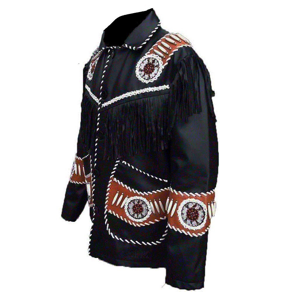Black leather beaded jacket with fringes on a white background