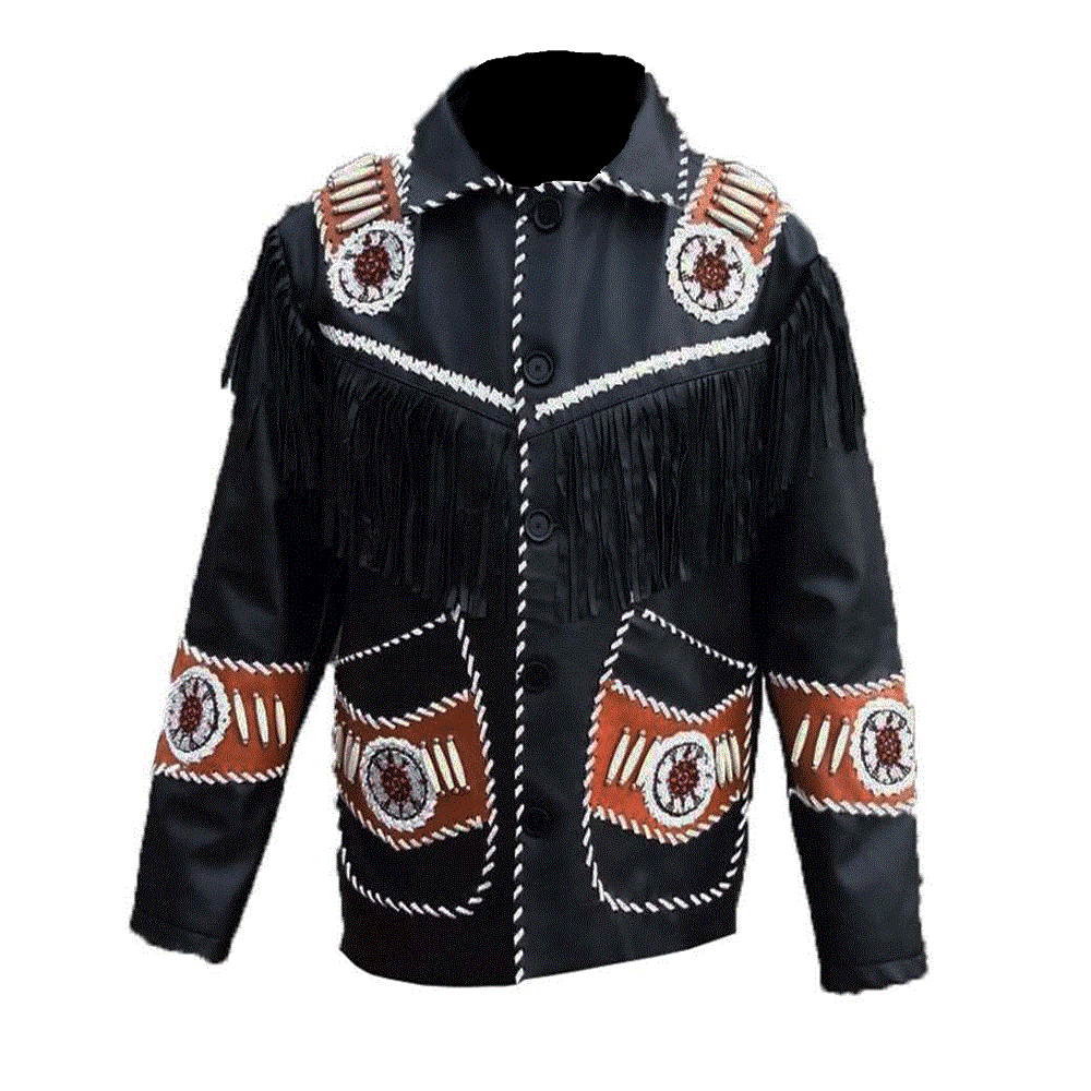 Western Black Leather Fringe Bone Beaded Jacket Cowboy Jacket LWJ357